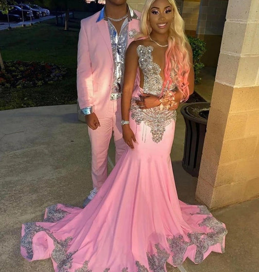 Sliver Crystal Beading Pink Lace Appliques Train Mermaid Prom Dresses Birthday Dress For Black Girl Luxury