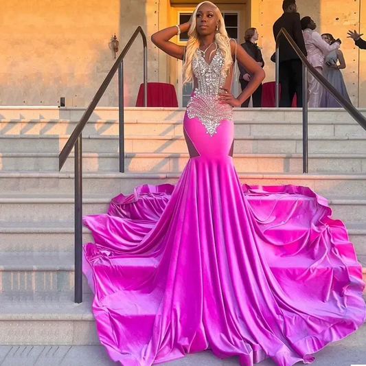 Rose Velvet Mermaid Prom Dresses For African Women Crystals Beads Black Girls Long Evening Occasion Gowns