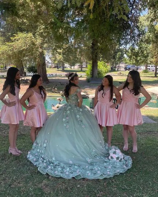 Mint Green Princess Quinceanera Dresses Off Shoulder 3D Floral Ball Gown Coset vestido 15 quinceañeras dorado Sweet 16