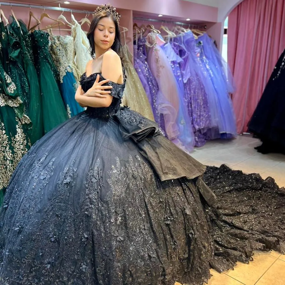 Black Luxury Princess Quinceanera Dresses off Shoulder 3D Floral Applique Embroidery Corset