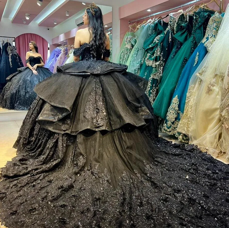 Black Luxury Princess Quinceanera Dresses off Shoulder 3D Floral Applique Embroidery Corset