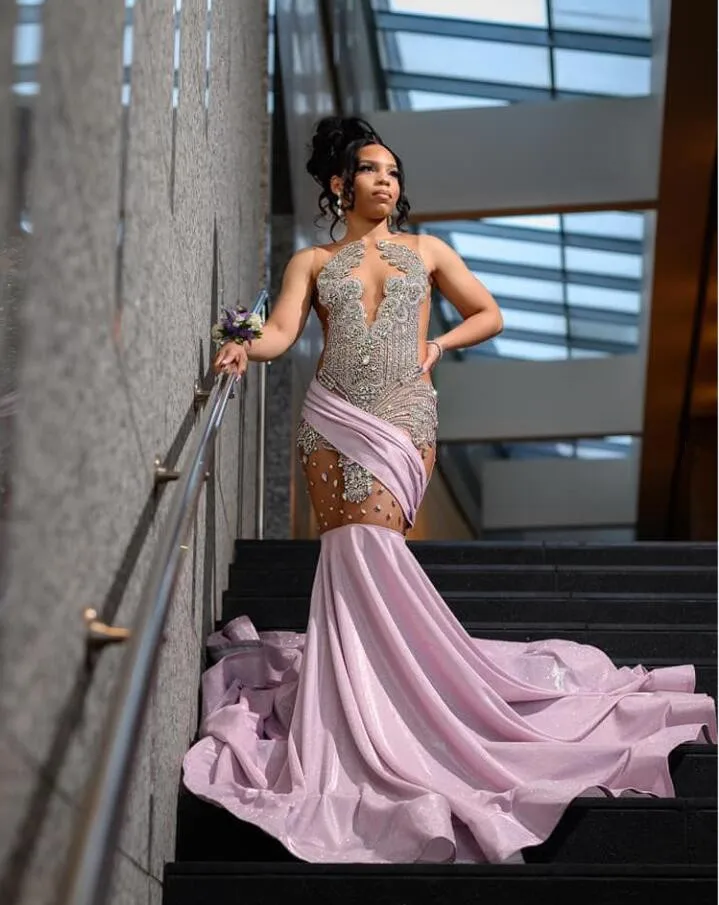 Lavender Pink Sparkly Long Evening Formal Dresses for Black Girl Luxury Diamond Gillter Sheer Prom Birthday Gala Dress