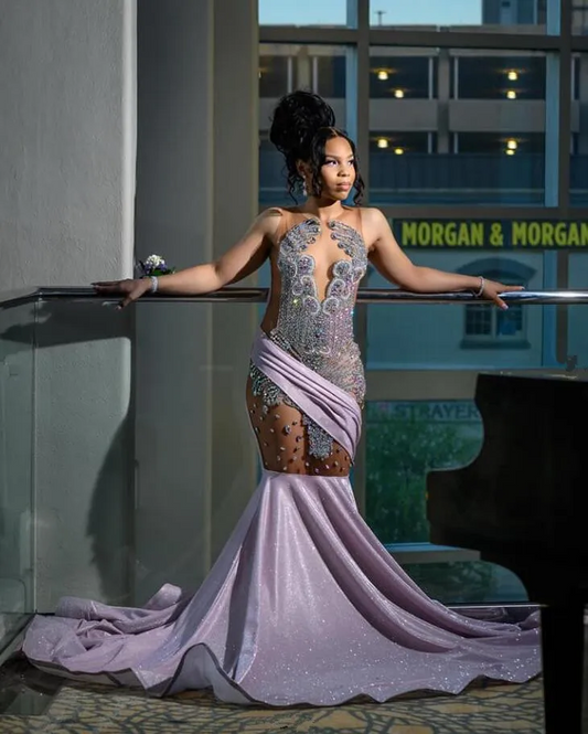Lavender Pink Sparkly Long Evening Formal Dresses for Black Girl Luxury Diamond Gillter Sheer Prom Birthday Gala Dress
