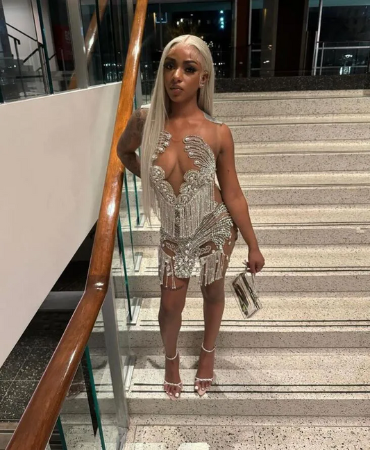Ivy Silver Diamond Mini Evening Cocktail Dresses for Black Girl Luxury Diamond Tassel Sheer Mesh Birthday Party Gala Dress