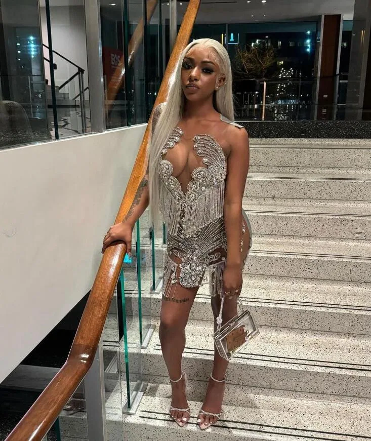 Ivy Silver Diamond Mini Evening Cocktail Dresses for Black Girl Luxury Diamond Tassel Sheer Mesh Birthday Party Gala Dress