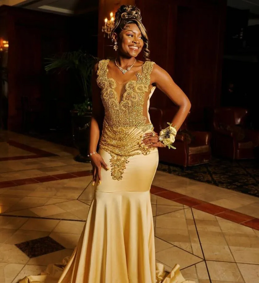 Gold Sparkly Long Prom Ceremony Party Dresses for Black Girl Luxury Diamond Crystal Evening Gown