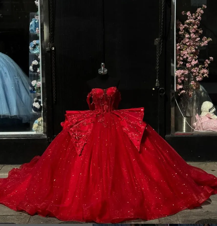 Ruby Red Sparkly Princess Quinceanera Dresses Gillter Off Shoulder Floral Applique Corset