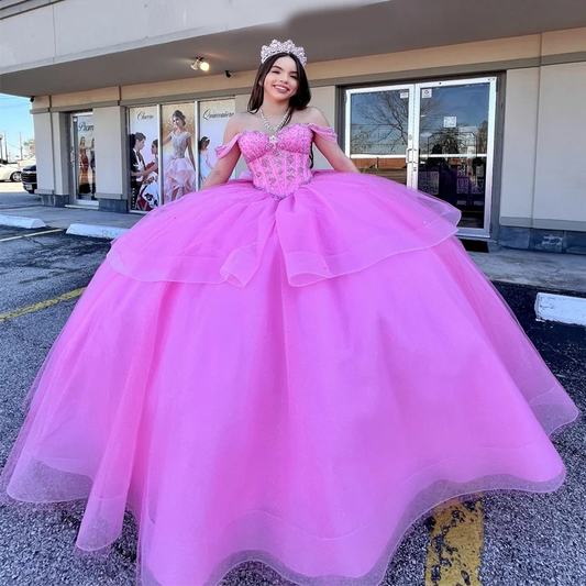 Pink Quinceanera Dresses Ball Gown Sexy Off the Shoulder Beads Crystal Tull Back Bow Long Party Dress for Girl