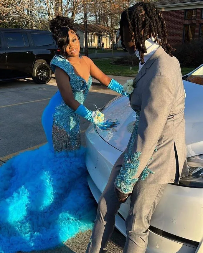 Luxury Long African Prom Dress for Women Sparkly Diamond Crystal Ruffles Black Girl Birthday Gala Queen Gown