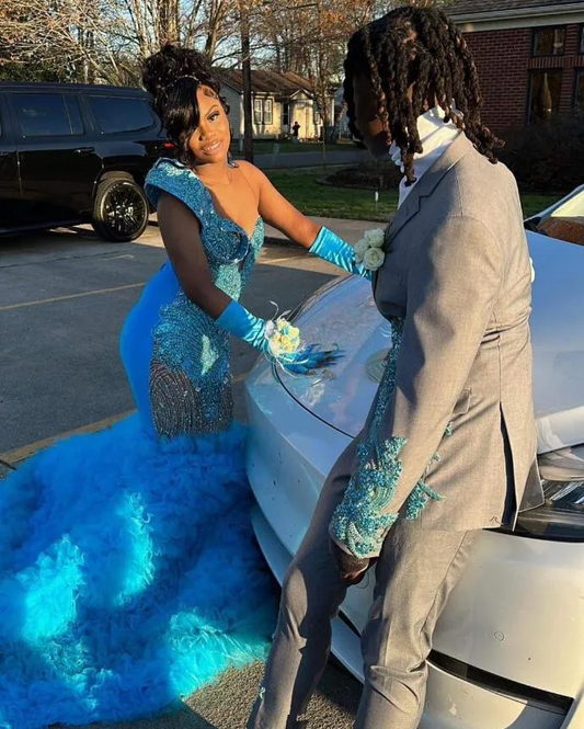 Luxury Long African Prom Dress for Women Sparkly Diamond Crystal Ruffles Black Girl Birthday Gala Queen Gown