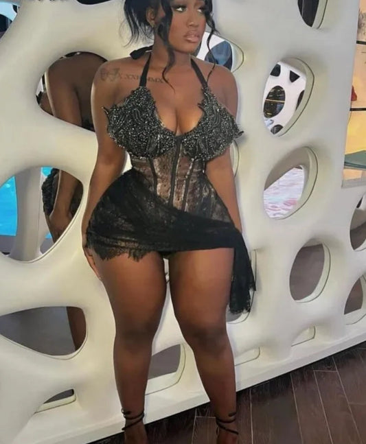 Sexy Lace Mini Prom Dresses For Women Halter Sleeveless Rhinestone Black Girls Short Birthday Dress Party Gowns