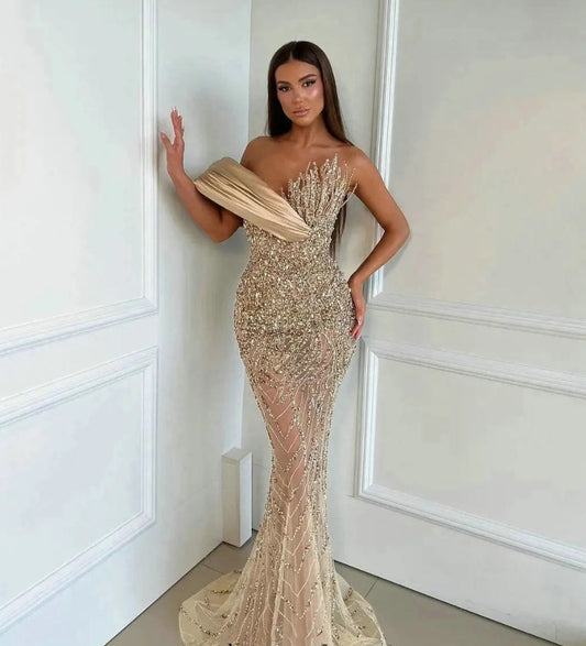 Champagne Long Sequins Evening Dresses One Shoulder Handmade Beade Sexy Sleeveless Party Gowns for Women