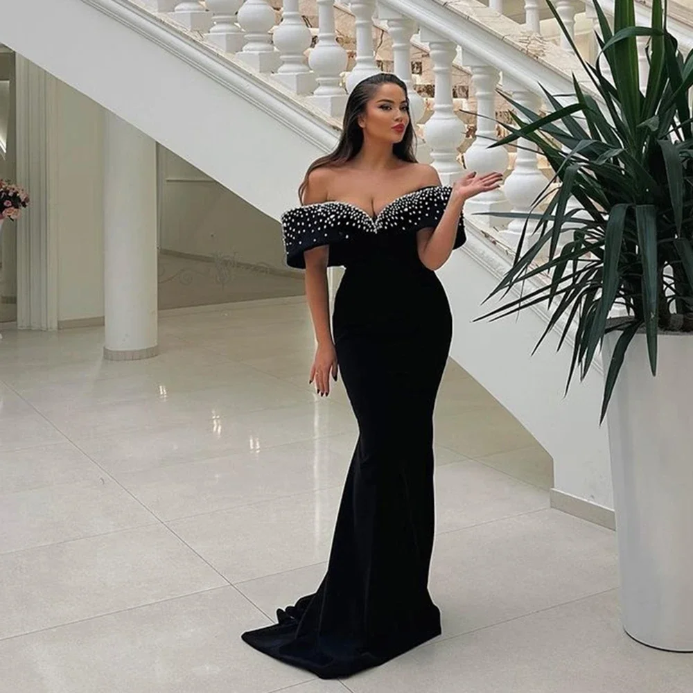 Black Formal Dress Mermaid Beads Strench Satin Prom Dresses For Women Party Dress Off The Shoulder Formal Prom Gowns