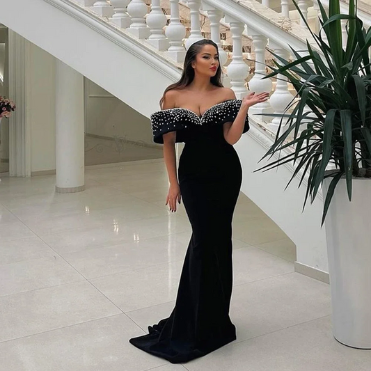 Black Formal Dress Mermaid Beads Strench Satin Prom Dresses For Women Party Dress Off The Shoulder Formal Prom Gowns