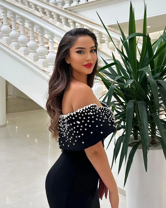 Black Formal Dress Mermaid Beads Strench Satin Prom Dresses For Women Party Dress Off The Shoulder Formal Prom Gowns