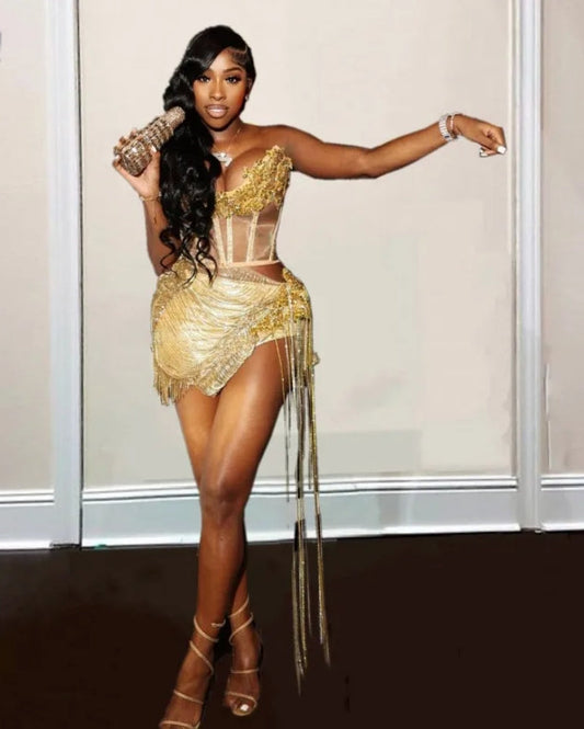 Giltter Gold Short Prom Dresses Rhinestone Black Girls Birthday Party Gowns Tassel