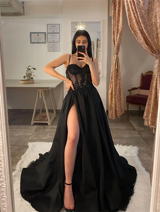 Shiny Tulle Evening Dress Sexy Black V-Neck StrapLlace Applique Party Dress A-line High Side Slit Formal Occasion Prom Gown