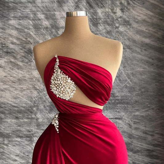 Formal Dark Red Mermaid Prom Dresses For Women Satin Crystal Strapless Sleevelss Pleat Sexy Evening Party Gowns Robe De Mariage