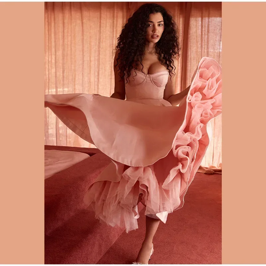 Elegant Double Layer Mesh Spliced Midi Dresses Women Fashion Square Neck Sleeveless Backless Dress