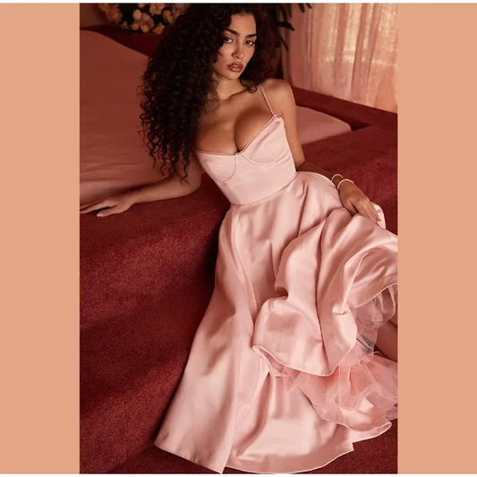 Elegant Double Layer Mesh Spliced Midi Dresses Women Fashion Square Neck Sleeveless Backless Dress