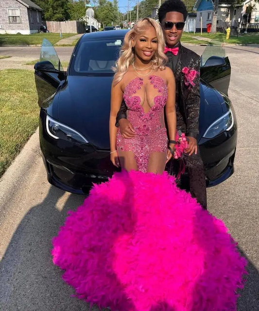 Fuchsia Pink African Prom Dress for Women Sparkly Luxury Diamond Crystal Feather Sheer Mesh Birthday Evening Gown robes de gala