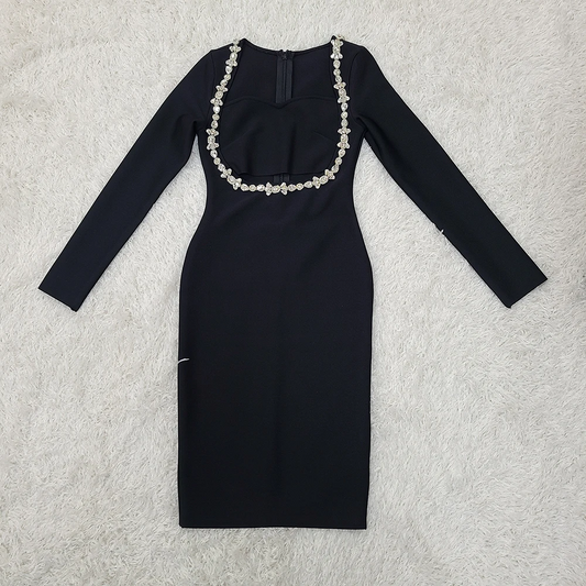 Summer New Women's Black Hollow Sexy Long sleeved Diamond Bandage Knee Length Dress Bodycon Celebrity Party Evening Dress