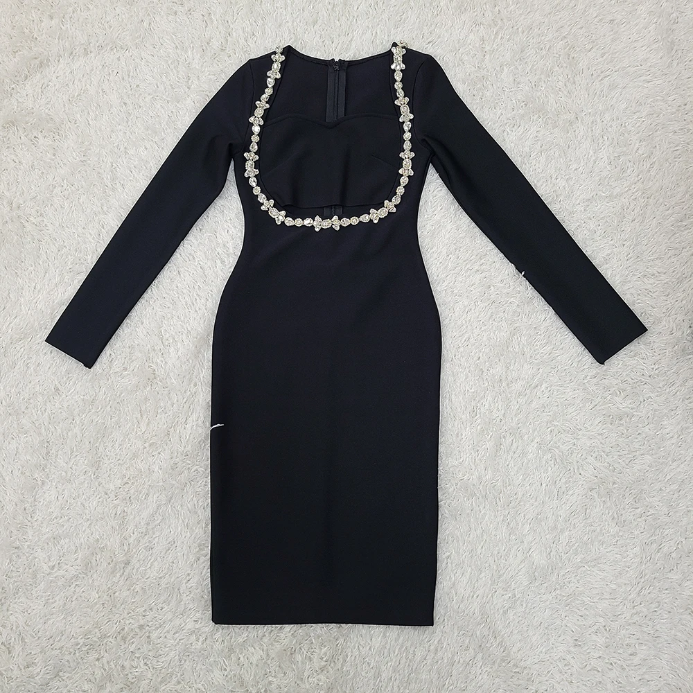 Summer New Women's Black Hollow Sexy Long sleeved Diamond Bandage Knee Length Dress Bodycon Celebrity Party Evening Dress