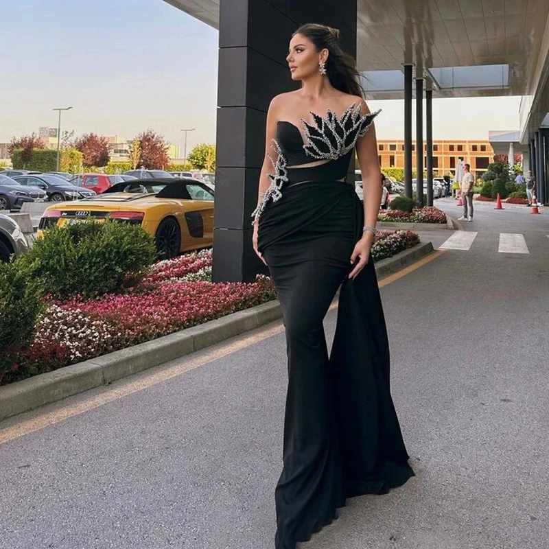 Sexy Black Evening Dress For Women Sleeveless V-Neck Crystal Side Split Train Formal Party Custom Made