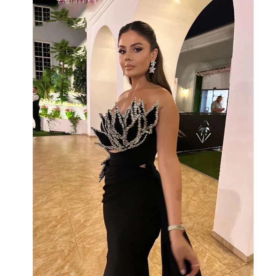 Sexy Black Evening Dress For Women Sleeveless V-Neck Crystal Side Split Train Formal Party Custom Made