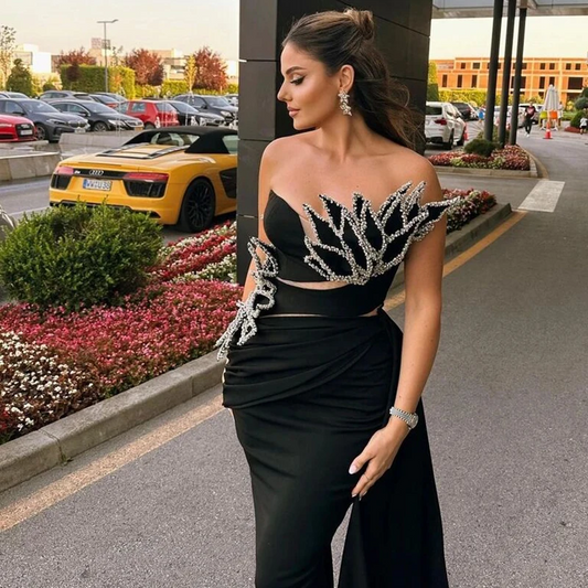 Sexy Black Evening Dress For Women Sleeveless V-Neck Crystal Side Split Train Formal Party Custom Made