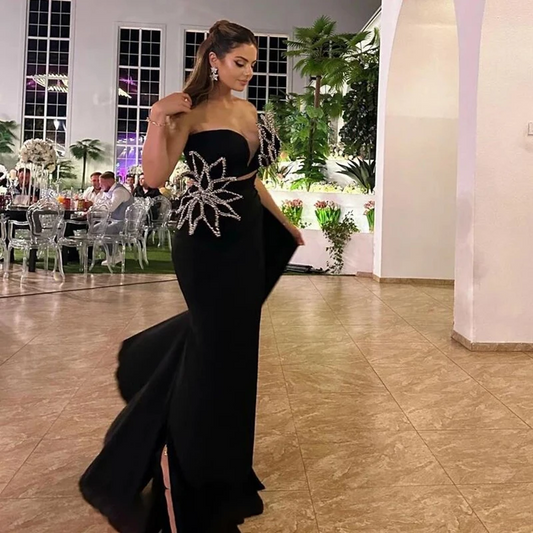 Sexy Black Evening Dress For Women Sleeveless V-Neck Crystal Side Split Train Formal Party Custom Made