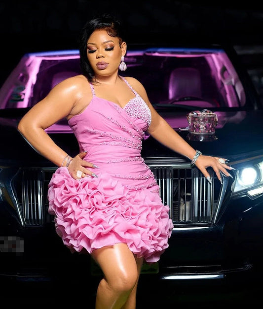 Pretty Baby Pink African Short Prom Dresses Custom Beaded Ruffled Black Girls Birthday Party Dress Aso Ebi Cocktail Gown