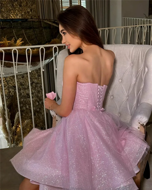 Pink Glitter Tulle Prom Dress Short A Line Shiny Tulle Party Gowns Midi Sweetheart Neck Formal Evening Dress