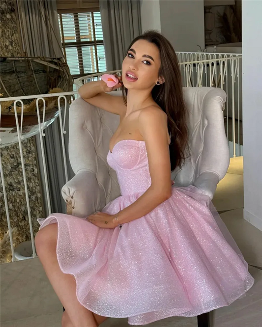 Pink Glitter Tulle Prom Dress Short A Line Shiny Tulle Party Gowns Midi Sweetheart Neck Formal Evening Dress