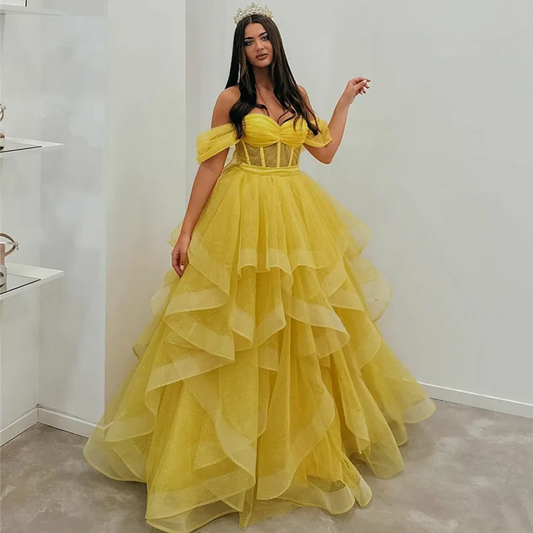 Yellow Prom Dress Off The Sholulder Tiered Shiny Glitter Tulle Party Gowns Corset Formal Evening Dress