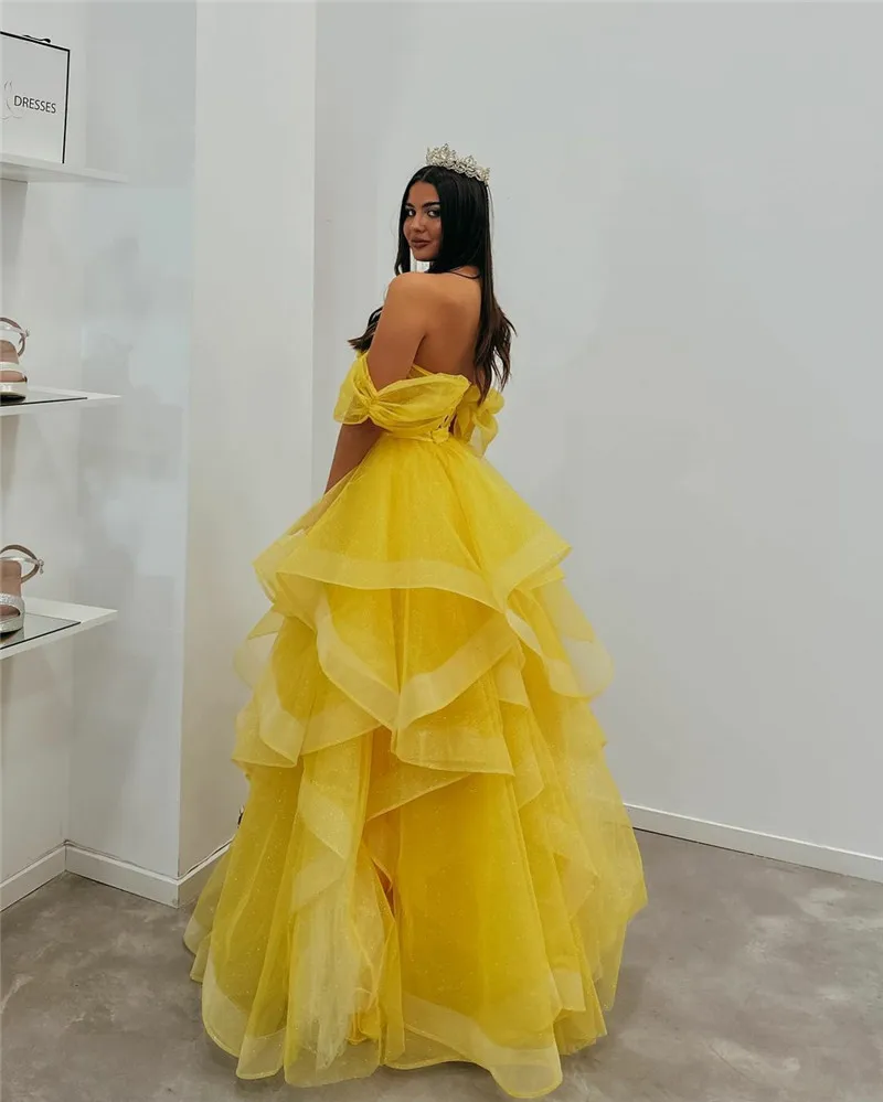 Yellow Prom Dress Off The Sholulder Tiered Shiny Glitter Tulle Party Gowns Corset Formal Evening Dress