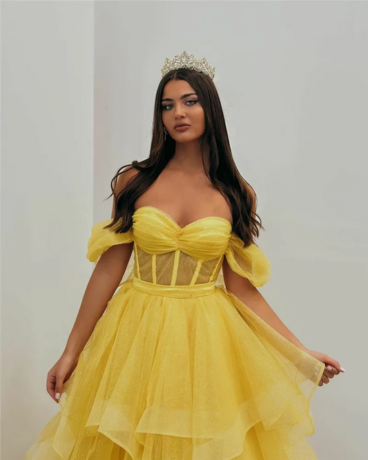 Yellow Prom Dress Off The Sholulder Tiered Shiny Glitter Tulle Party Gowns Corset Formal Evening Dress