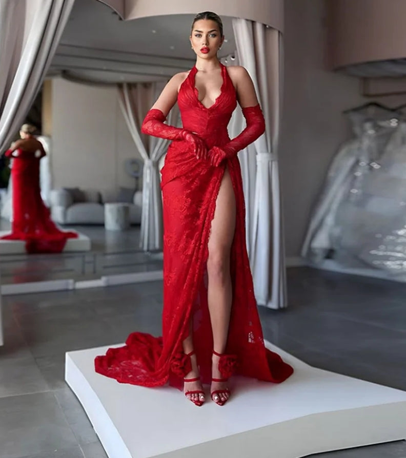 Gorgeous Red Mermaid Evening Gowns Women's Halter Party Prom Dress High Split Lace Saudi Arabia Special Occasion Gowns