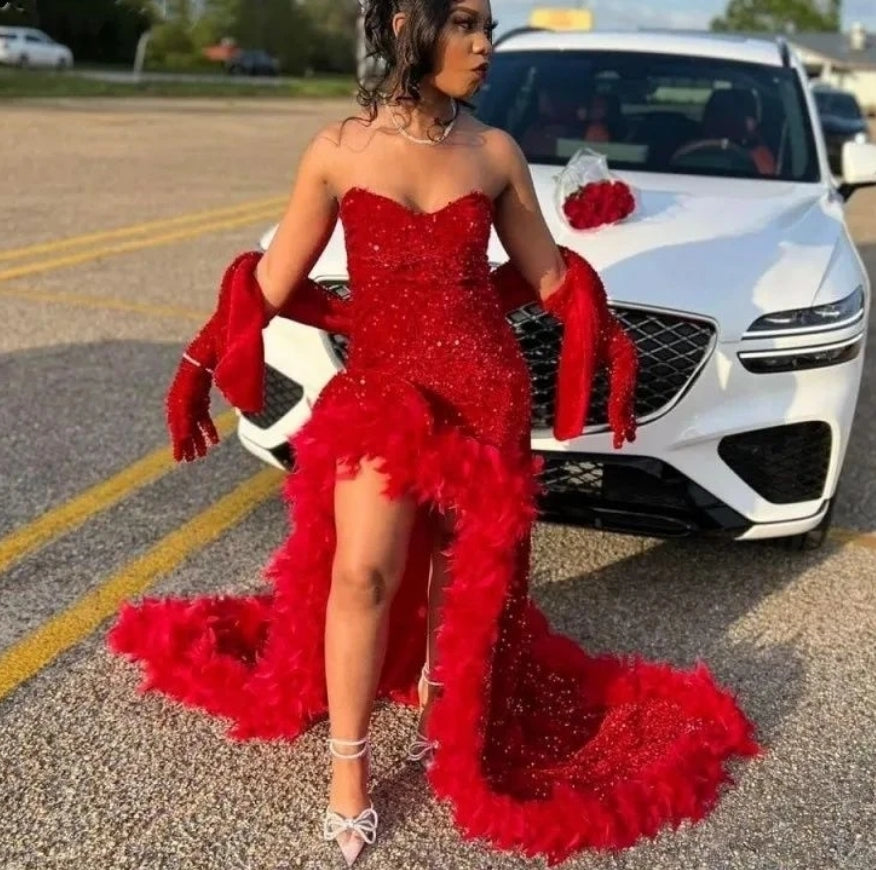 Sparkly Red Mermaid Prom Dress For Black Girl Sweetheart High Split With Wrap Evening Gowns