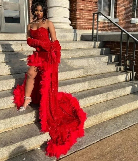 Sparkly Red Mermaid Prom Dress For Black Girl Sweetheart High Split With Wrap Evening Gowns