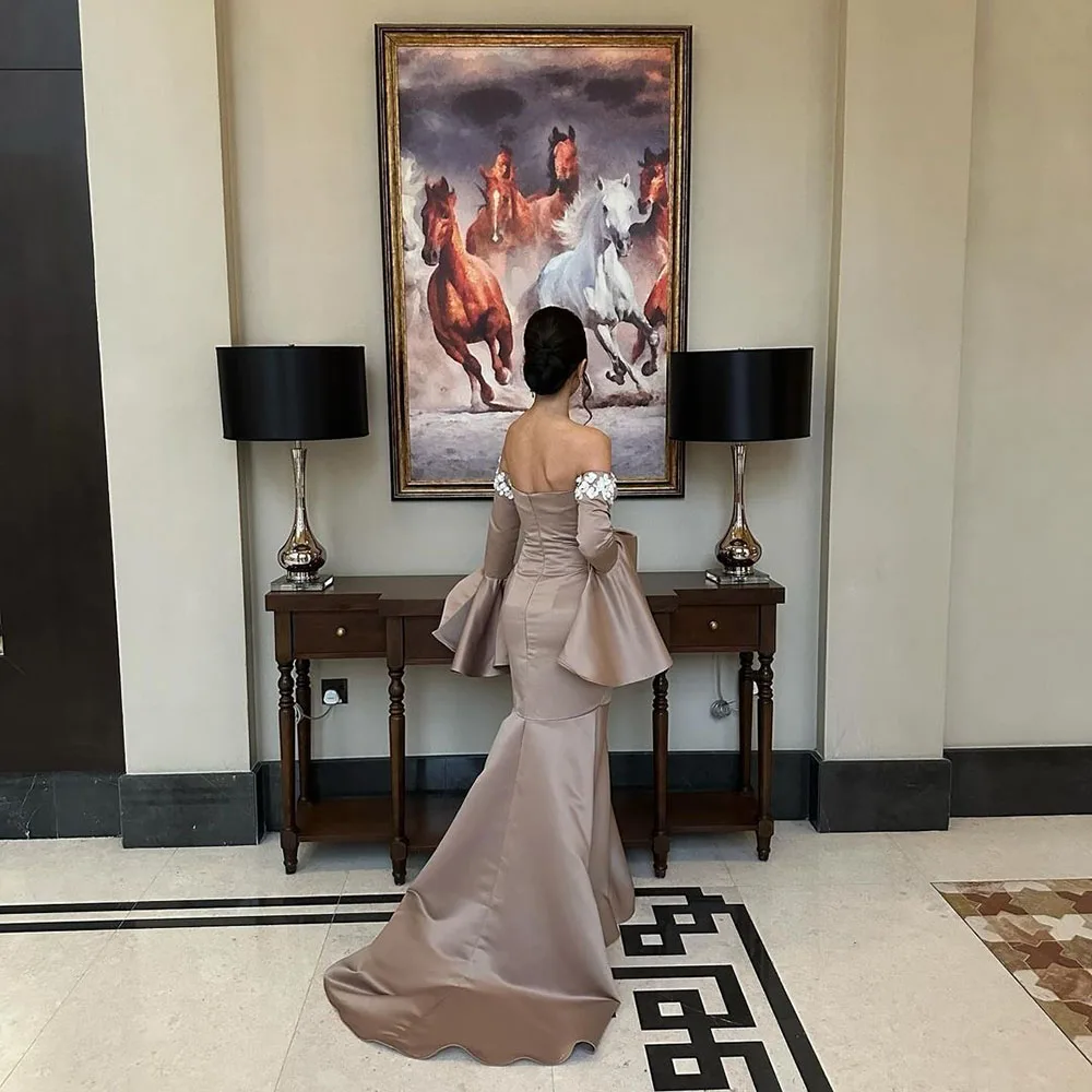 Mermaid Prom Dresses Fairy Long Sleeve Formal Evening Gowns Lace Satin Party Gown