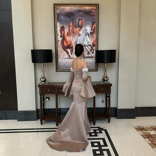 Mermaid Prom Dresses Fairy Long Sleeve Formal Evening Gowns Lace Satin Party Gown