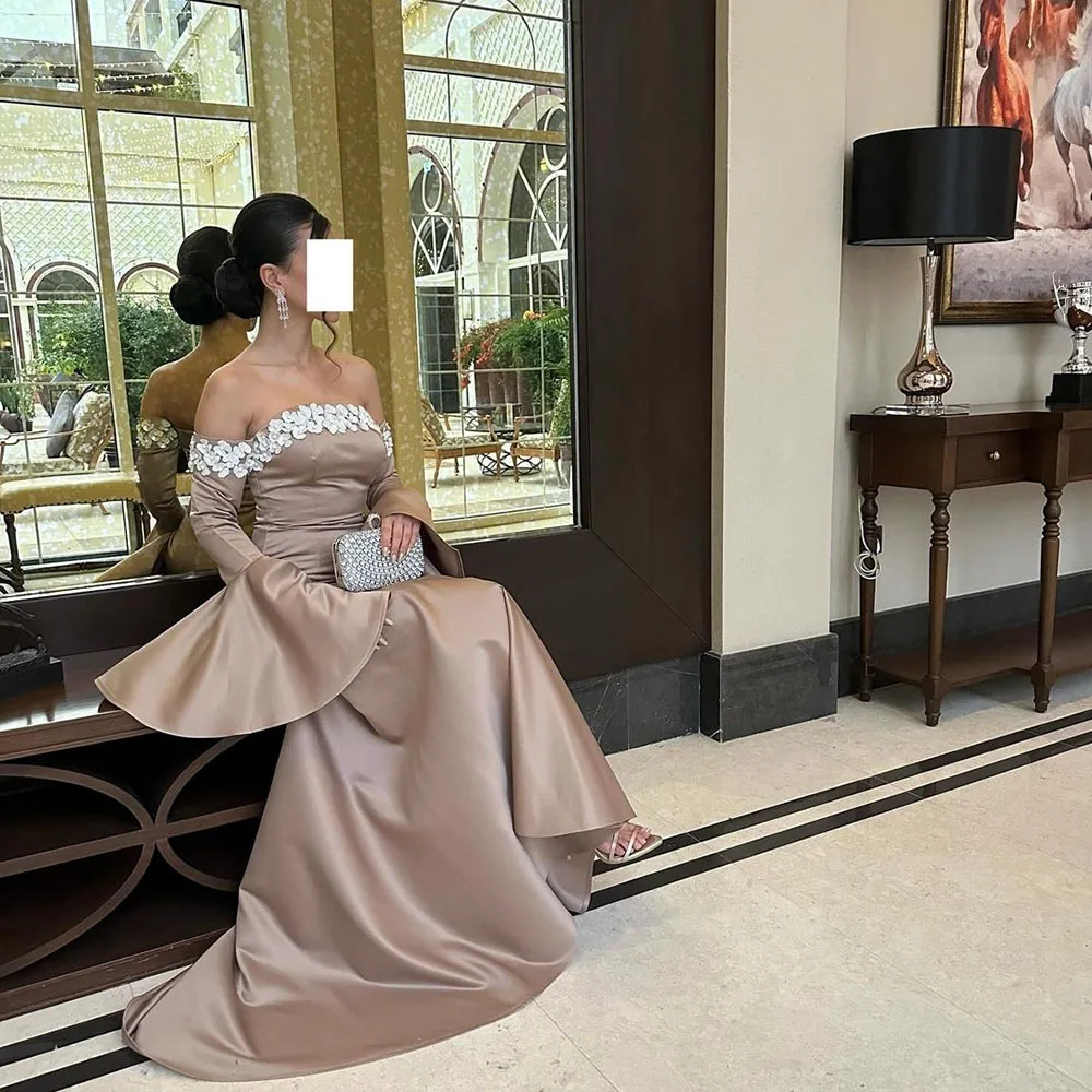 Mermaid Prom Dresses Fairy Long Sleeve Formal Evening Gowns Lace Satin Party Gown