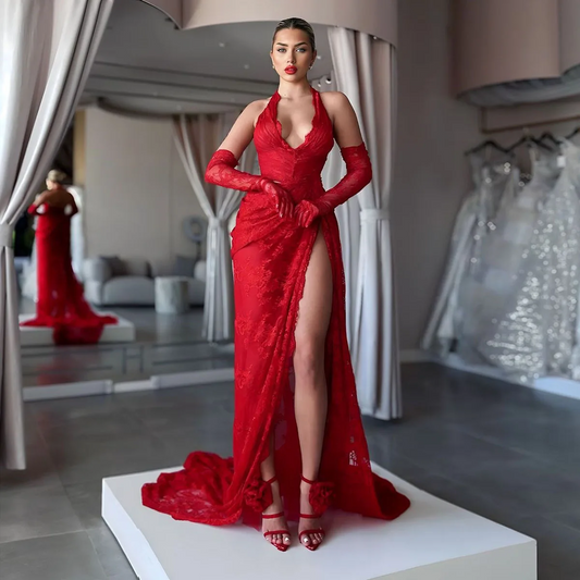 Sexy High Slit Red Lace Prom Dresses Long Halter Detachable Sleeves Women Evening Dress Backless Lace Formal Party Dresses