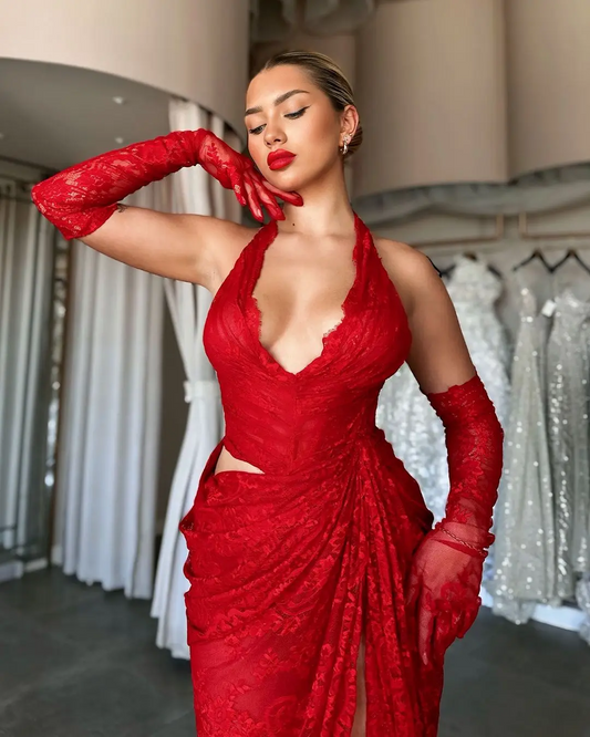 Sexy High Slit Red Lace Prom Dresses Long Halter Detachable Sleeves Women Evening Dress Backless Lace Formal Party Dresses