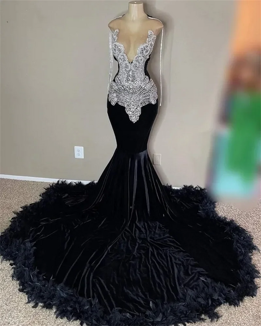 Glitter Black Velvet Mermaid Prom Dresses Luxury Sheer Neck Crystal Rhinestones Feathers Party Gowns Homecoming