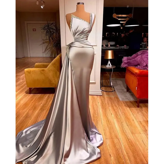 Silver Evening Dresses with Crystal Satin One Shoulder Mermaid Prom Dress for Elegant Women Ruffles Formal