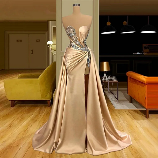 Champagne Gold Evening Dresses Sexy Illusion Mermaid Prom Gown Applique Beading High Split Satin Party Gowns
