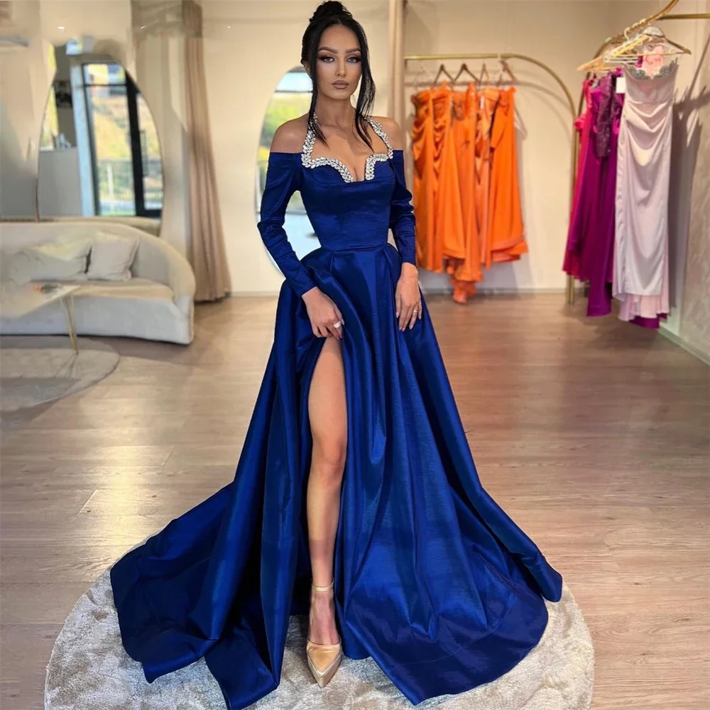 Royal Blue Glitter Formal Evening Dresses Beadings Halter A-Line High Side Slit Prom Dress Pageant Party Gowns
