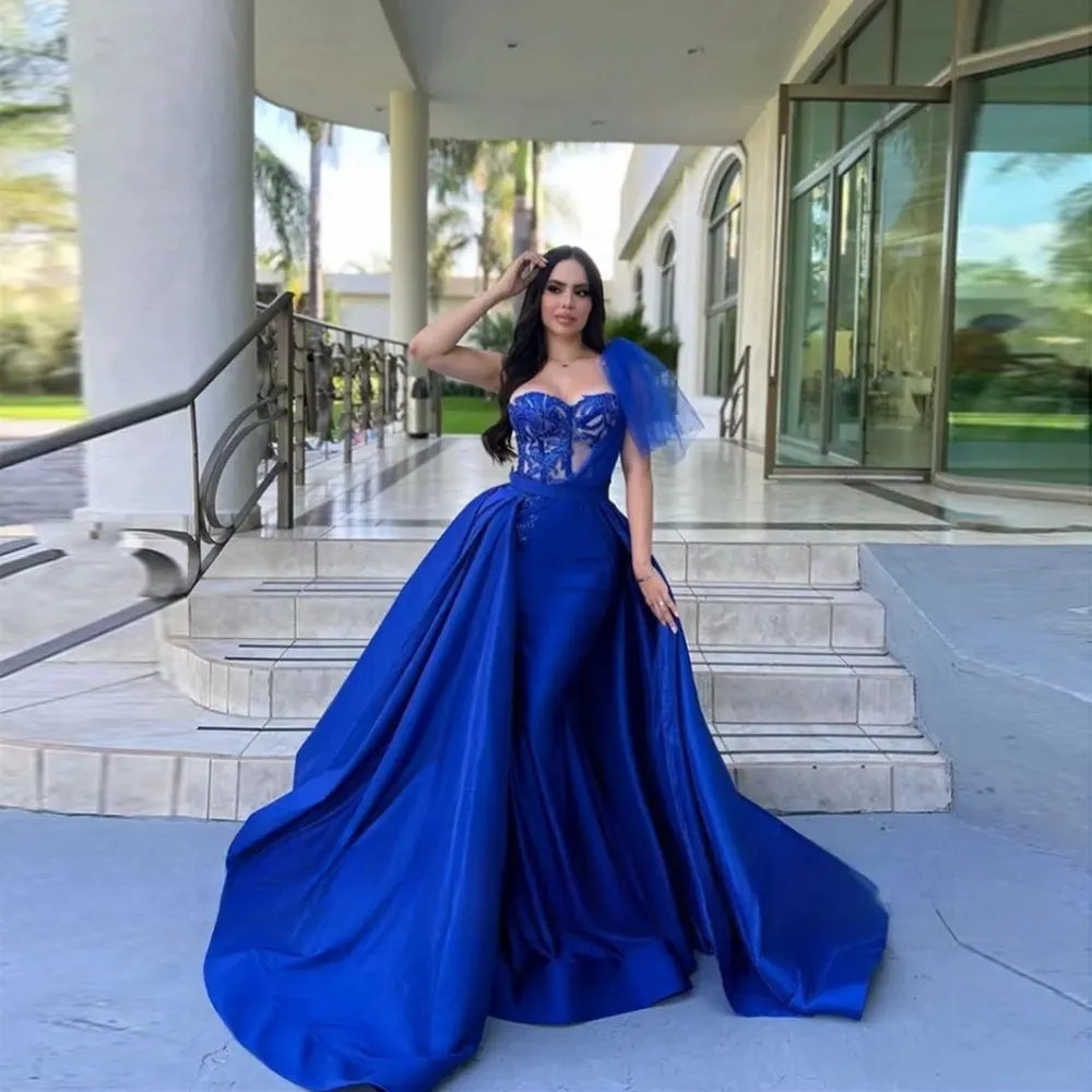 Royal Blue Dubai Evening Dresses With Detachable Train Women Elegant One Shoulder Lace Sleeveless Wedding Prom Gown